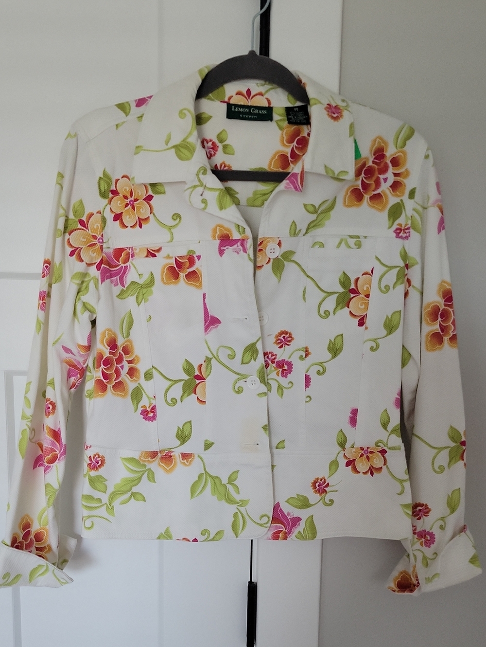 Lemon Grass Studio White Floral Jean Jacket